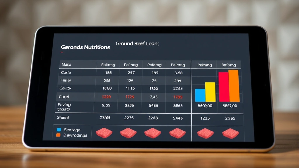 Nutritional comparison chart visualization showing macronutrient breakdown of different ground beef lean ratios, displayed on modern digital tablet, minimalist design, soft focus background