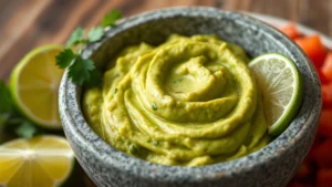 Close-up of fresh creamy guacamole in a stone bowl with lime wedges, cilantro sprigs, and diced tomatoes arranged artfully beside it, natural lighting emphasizing vibrant green color and texture