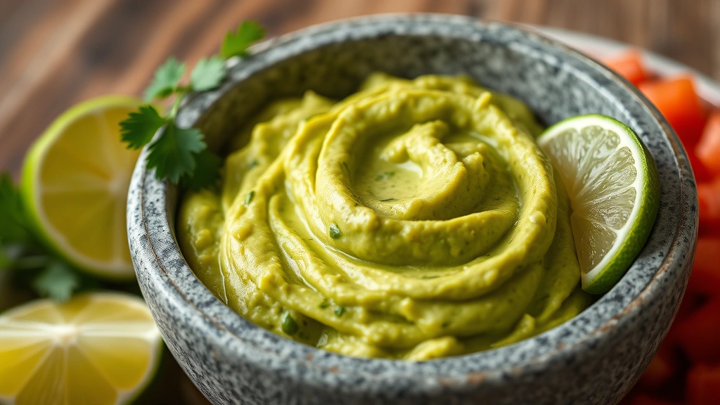Close-up of fresh creamy guacamole in a stone bowl with lime wedges, cilantro sprigs, and diced tomatoes arranged artfully beside it, natural lighting emphasizing vibrant green color and texture