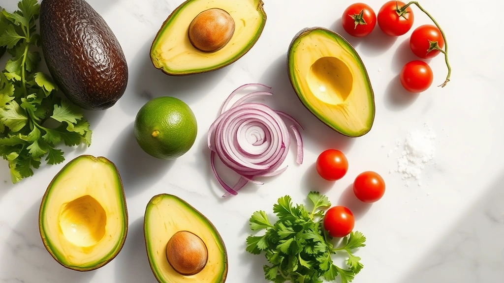 Overhead flat-lay composition of guacamole preparation ingredients: halved avocados, fresh limes, red onion, cherry tomatoes, cilantro bundle, and sea salt on marble countertop with soft natural light