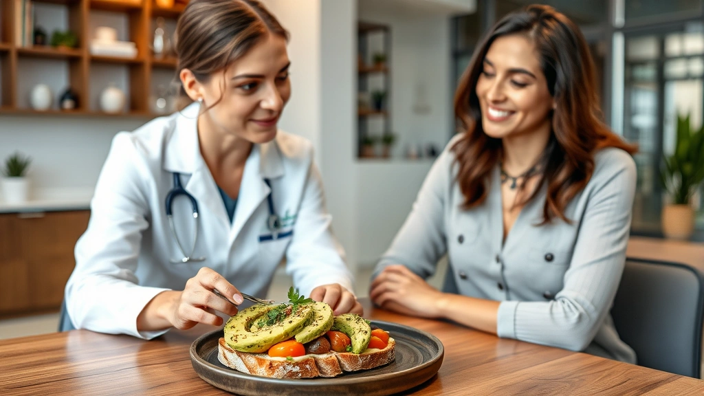 Nutritionist or dietitian consulting with client over healthy meal featuring guacamole-topped toast with vegetables, modern clinic or wellness space setting, professional and approachable atmosphere