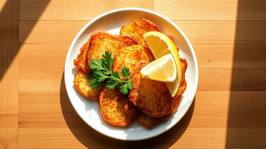 Overhead flat lay of golden-brown crispy hash browns on white ceramic plate with fresh green herbs and lemon wedge, natural morning light streaming across wooden breakfast table, shallow depth of field