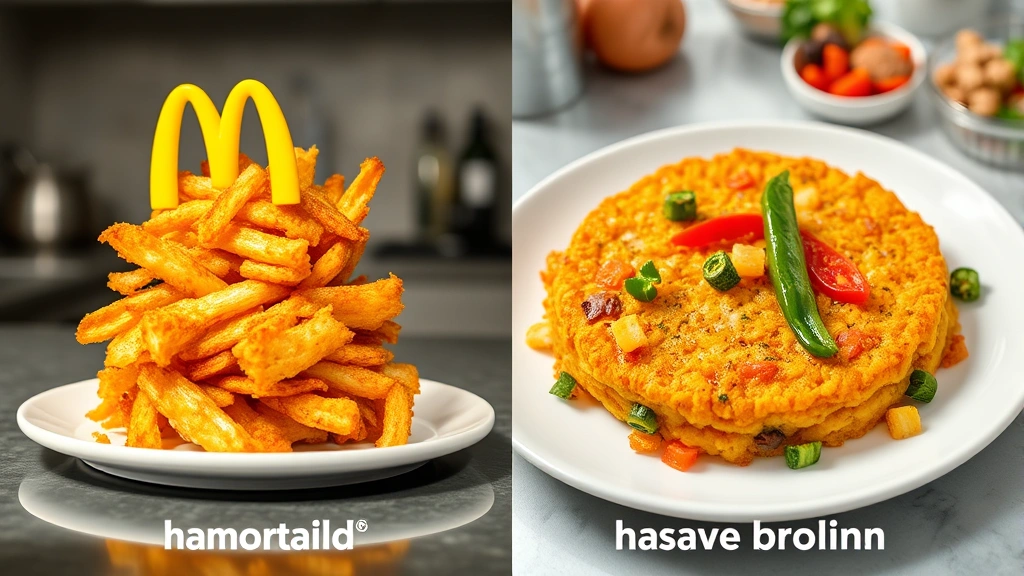 Split-screen comparison showing McDonald's hash brown on left side and homemade baked hash brown with vegetables on right side, both plated beautifully with nutritional contrast visible, clean kitchen setting