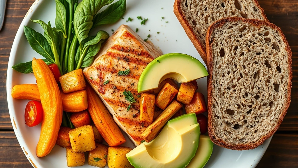 Overhead view of a balanced plate with grilled salmon, roasted vegetables, whole grain bread, and avocado slices, professional food photography style, warm natural lighting, no nutritional information visible