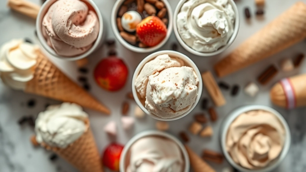 Overhead flat lay composition of various ice cream cups and cones arranged artfully, soft natural lighting, bokeh background with blurred dessert elements, no packaging or labels visible