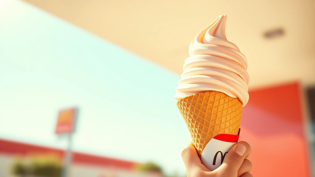 Person holding McDonald's soft serve cone against bright daylight, showing cone texture and ice cream details, warm color grading, motion blur suggesting freshness, no visible branding or text