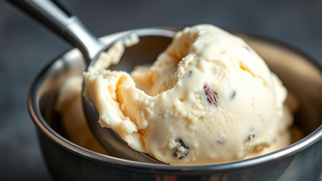 Close-up of ice cream scoop creating perfect hemisphere portion in stainless steel bowl, cream-colored ice cream with visible vanilla bean specks, shallow depth of field, professional food photography styling