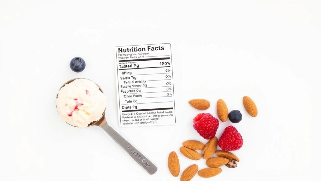 Flat lay composition of nutrition label, measuring spoon with one-half cup marking, fresh berries, and almonds arranged artistically on white background, representing balanced ice cream consumption