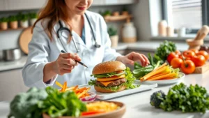 Professional nutritionist analyzing burger ingredients on tablet with fresh vegetables and plant-based protein sources on modern kitchen counter, natural lighting, professional healthcare setting