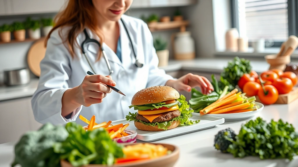 Professional nutritionist analyzing burger ingredients on tablet with fresh vegetables and plant-based protein sources on modern kitchen counter, natural lighting, professional healthcare setting
