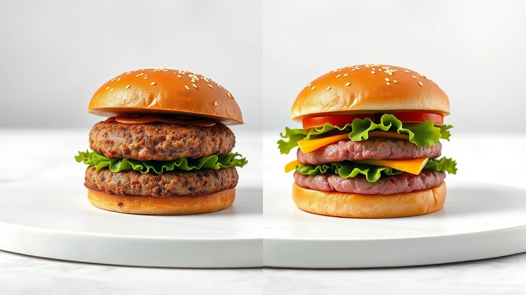Split-screen comparison of plant-based burger patty and conventional beef burger on minimalist white surface, showing texture and color differences, professional food photography, no text