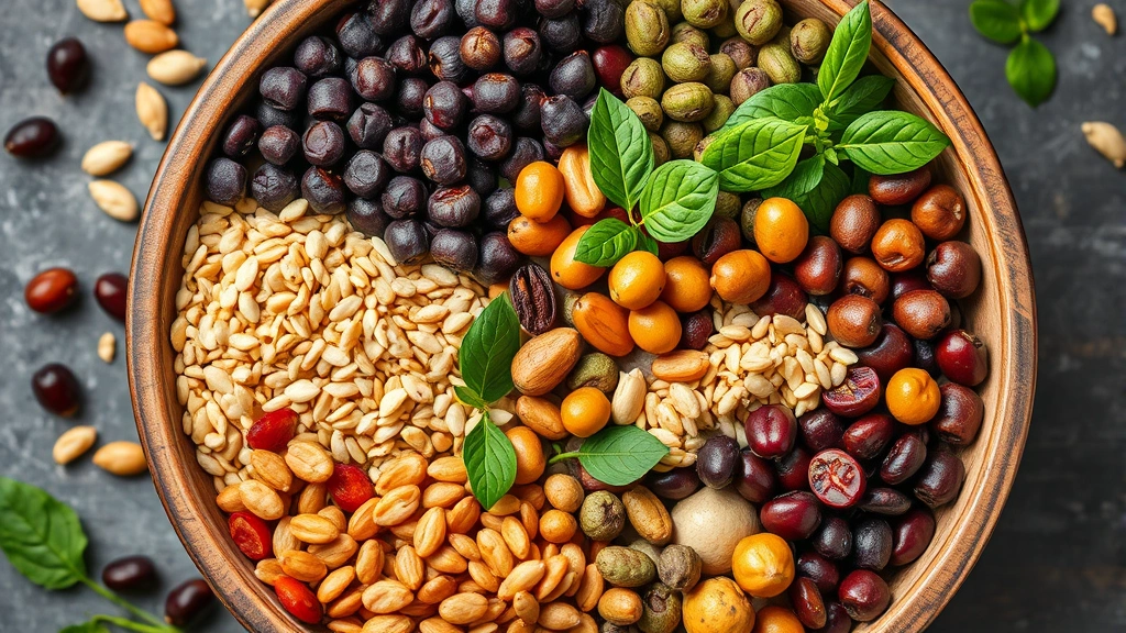 Overhead view of sustainable food bowl with diverse plant proteins including legumes, nuts, seeds, whole grains arranged artfully, vibrant natural colors, modern healthy eating aesthetic