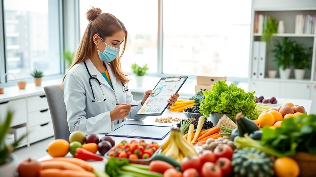 Nutritionist analyzing food data on clipboard at bright modern office desk, surrounded by colorful fresh vegetables, fruits, and healthy meal components, professional healthcare setting, natural daylight, focused work environment, no screens or digital displays showing