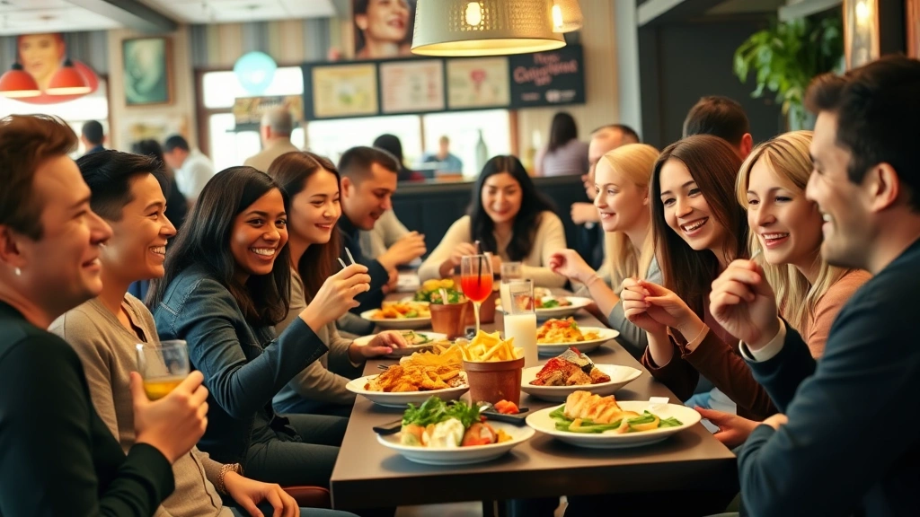 Diverse group of people enjoying meals together at casual restaurant, various healthy and indulgent food options visible, positive dining atmosphere, warm lighting, candid lifestyle photography, no visible menu text or nutritional labels, social eating scene