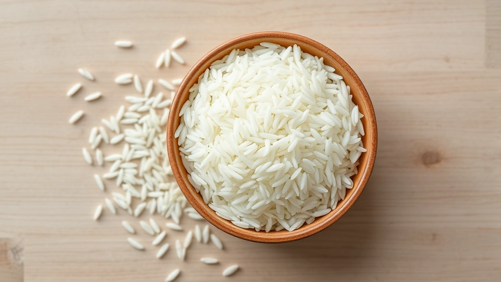 Overhead shot of white jasmine rice in ceramic bowl with scattered grains on neutral wooden surface, natural lighting, no text