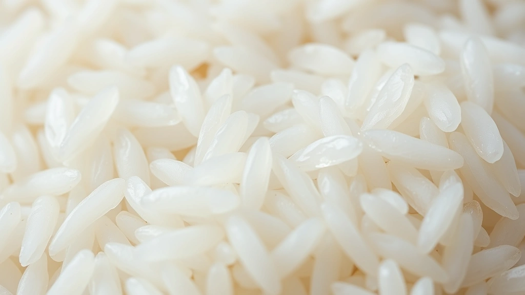 Close-up macro photography of individual jasmine rice grains showing texture and translucent quality, professional food photography style, no labels