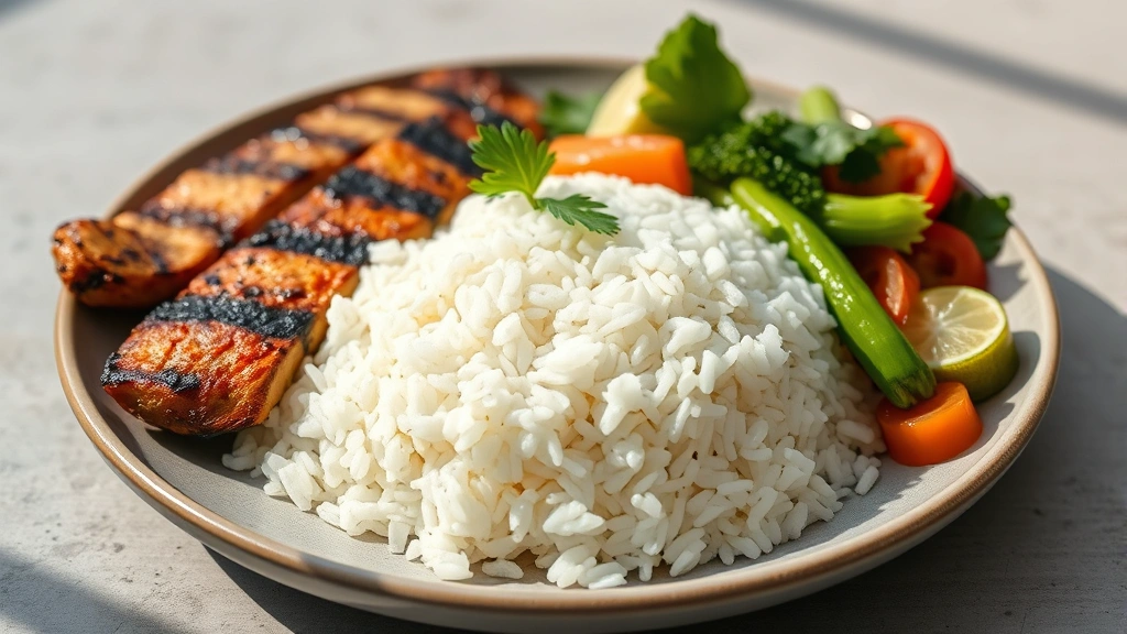 Balanced meal composition showing cooked jasmine rice beside grilled protein and fresh vegetables on modern plate, natural daylight, minimal styling