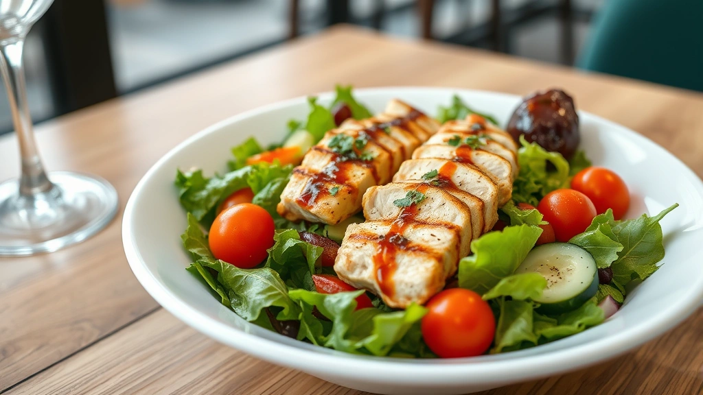 Professional food photographer capturing a vibrant mixed green salad with grilled chicken breast, colorful vegetables including cherry tomatoes, bell peppers, and cucumbers, fresh herbs, drizzled with balsamic vinaigrette in a white bowl, natural bright lighting, restaurant setting, no text or labels visible