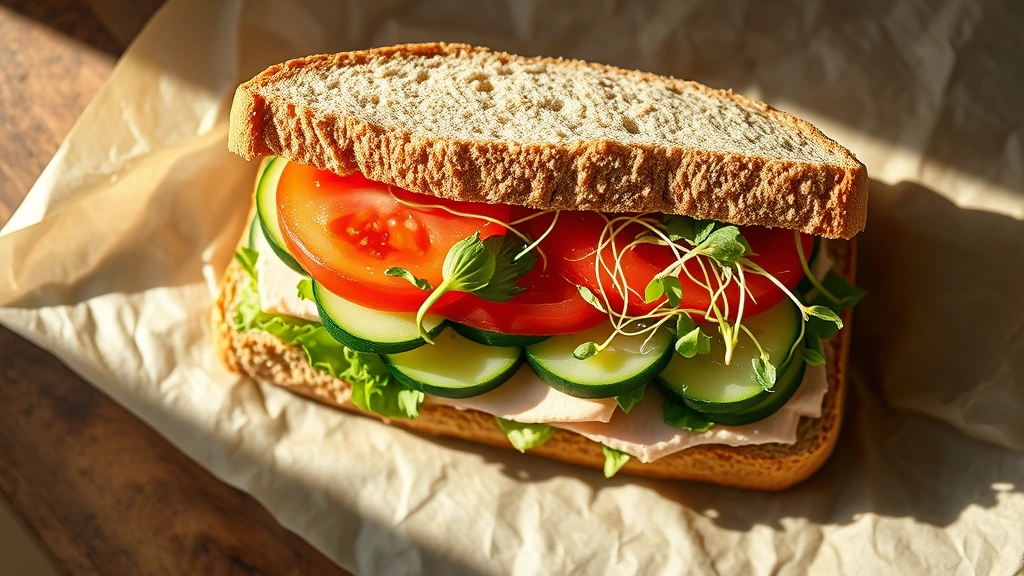 Close-up overhead shot of a freshly made whole wheat sandwich layered with sliced turkey breast, crisp lettuce, ripe tomato, cucumber slices, and sprouts, artfully arranged on parchment paper, natural daylight streaming across the surface, professional food styling, no visible brand names or text