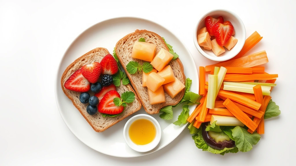 Flat lay composition of healthy lunch components including a half sandwich on whole grain bread, fresh fruit cup with berries and melon, mixed vegetable sides with carrots and celery, small bowl of vinaigrette dressing, everything arranged on a clean white plate with minimalist aesthetic, professional food photography lighting