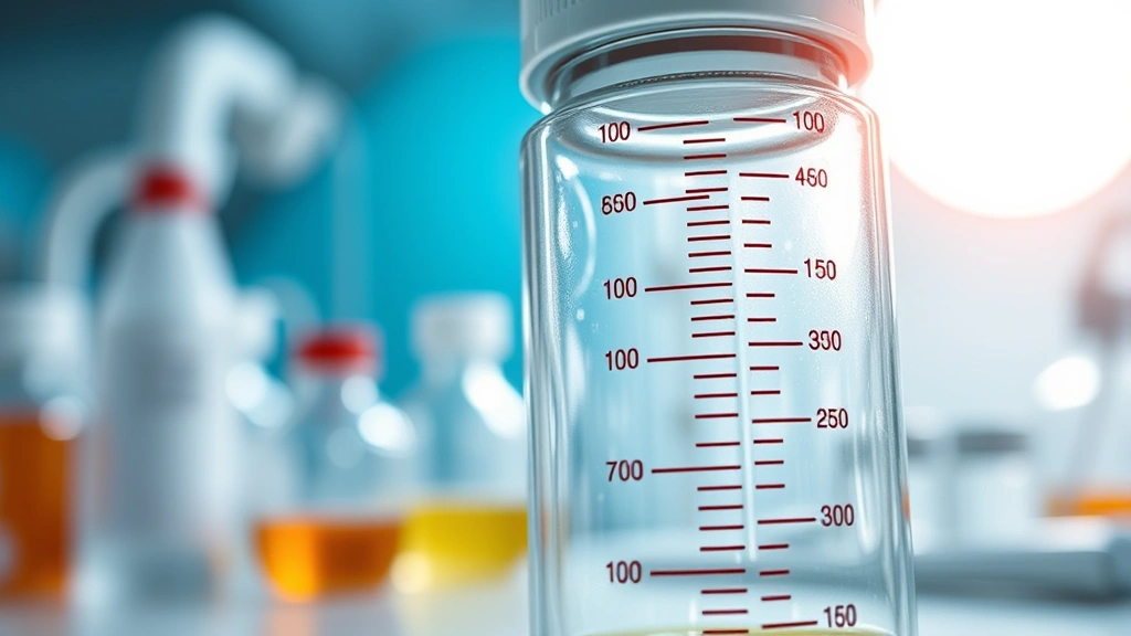 Close-up of medical nutrition supplement bottle with measurement markings, professional healthcare setting background, clinical laboratory lighting, nutritional formula visible through glass