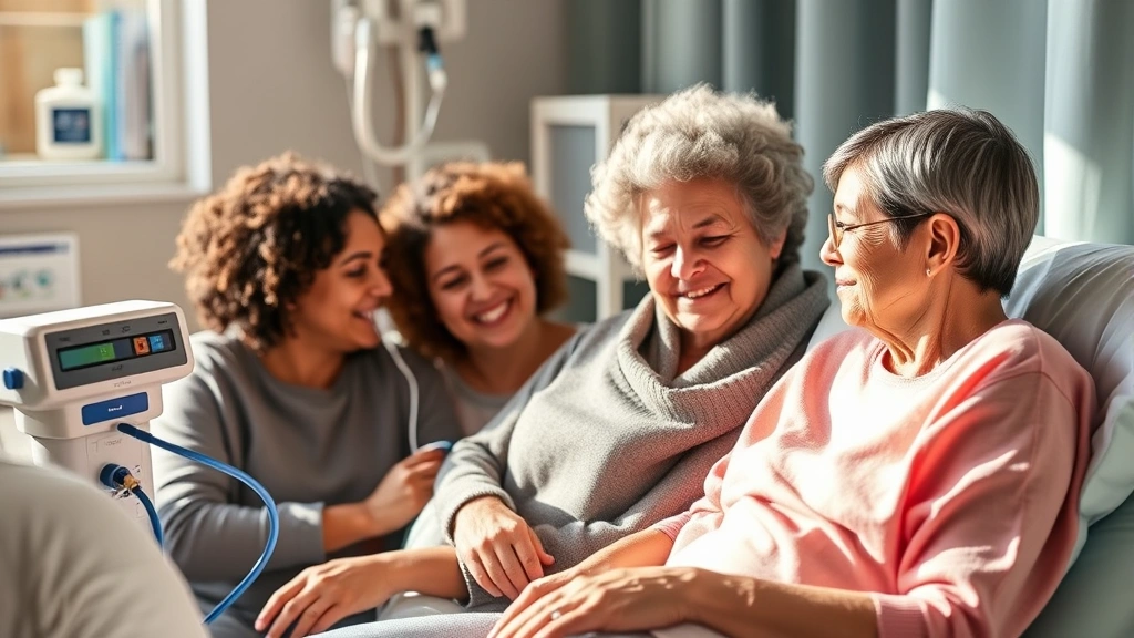 Diverse patient demographics receiving tube feeding support in comfortable home care environment, medical equipment setup, compassionate caregiving moment, natural daylight