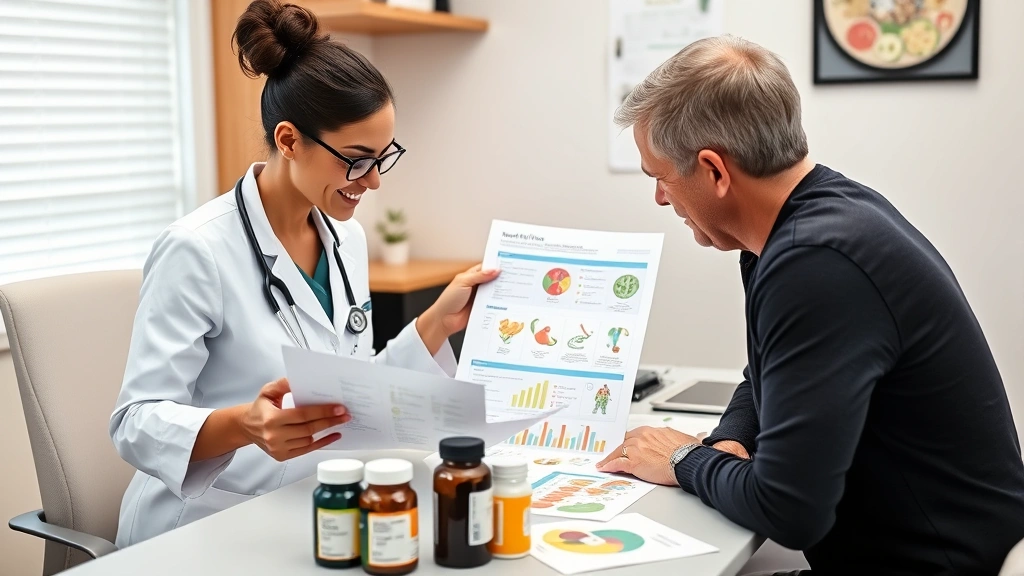 Nutritionist reviewing comprehensive nutrition plan with patient, colorful food charts and supplement containers on desk, healthcare consultation room, professional medical environment