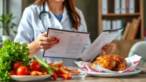 Professional dietitian holding clipboard reviewing nutrition data with fresh vegetables and KFC chicken visible on table, natural lighting, office setting
