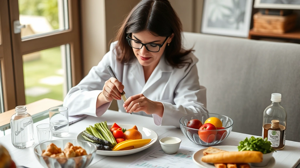 Nutritionist analyzing food composition and calorie content at dining table with measurement tools and charts