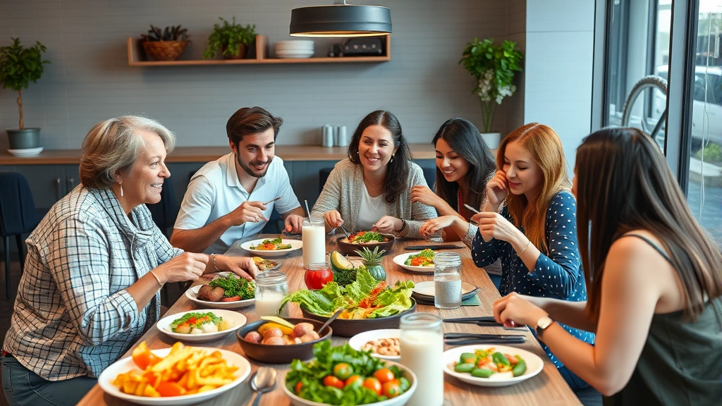 Diverse group of people enjoying balanced meals together in casual dining setting with fresh ingredients visible