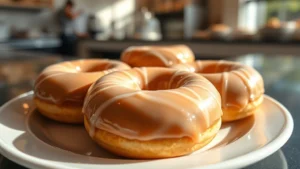 Close-up of glazed donuts arranged on white ceramic plate with morning sunlight creating shadows, shallow depth of field, bakery counter blurred in background, photorealistic food photography