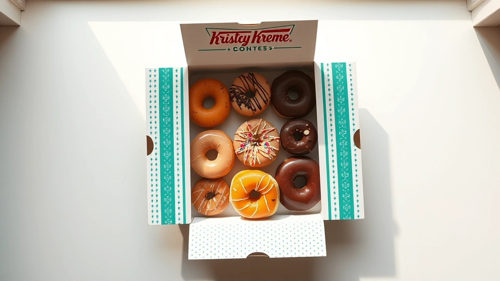 Overhead flat lay of Krispy Kreme donut box opened showing assorted varieties in colorful arrangement, natural window light, minimalist composition, no text visible on packaging