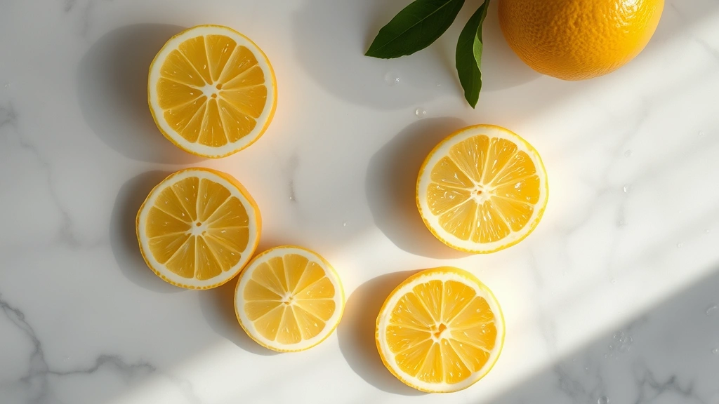Overhead flat lay of fresh lemons sliced on white marble surface with water droplets and natural sunlight casting shadows, photorealistic beverage ingredient styling