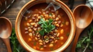 Overhead shot of vibrant lentil soup in ceramic bowl with fresh herbs garnish, steam rising, wooden spoon beside it, warm kitchen lighting, shallow depth of field, no text or logos visible