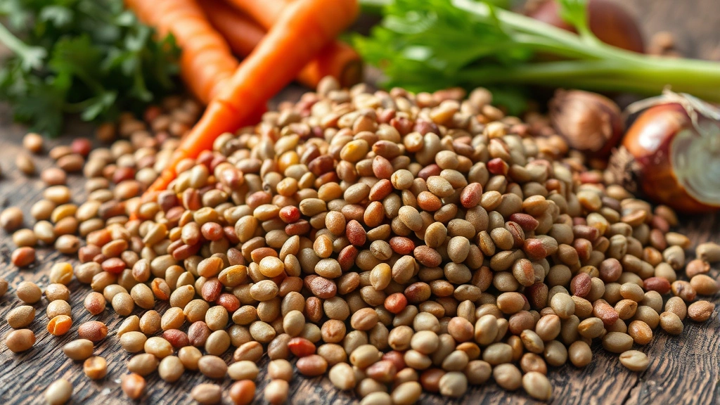 Close-up of raw dried lentils in various colors (green, brown, red) scattered on rustic wooden surface with fresh vegetables (carrots, onions, celery) artfully arranged around them, natural daylight, no packaging or labels visible