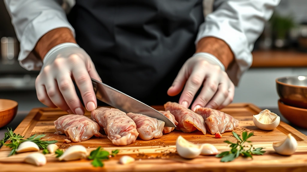Professional chef carefully preparing fresh chicken livers on a wooden cutting board with fresh herbs and garlic cloves scattered around, warm kitchen lighting, close-up food photography style