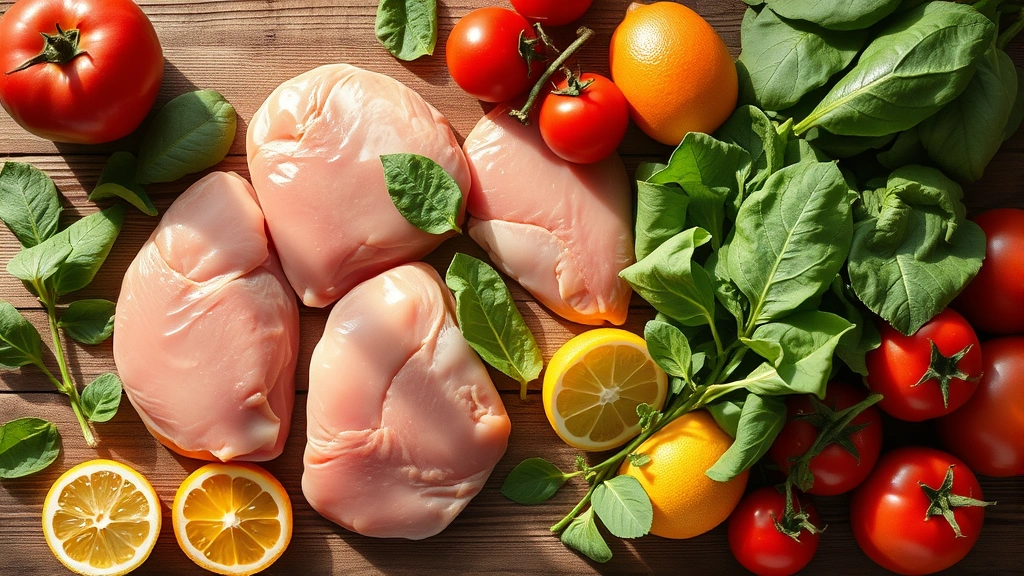 Vibrant overhead flat lay of raw chicken livers alongside fresh vegetables including spinach, tomatoes, and citrus fruits, natural daylight streaming across wooden surface, nutritional composition visualization