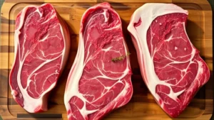 Overhead view of fresh Longhorn beef cuts on a wooden butcher's board with herb garnish and natural lighting, showing the lean muscle structure and marbling patterns characteristic of heritage cattle meat