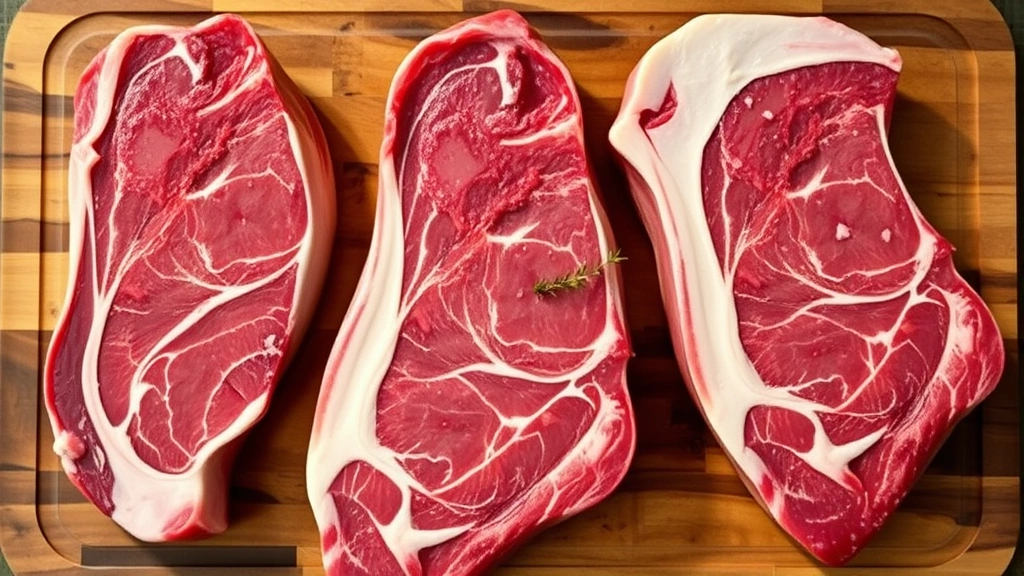 Overhead view of fresh Longhorn beef cuts on a wooden butcher's board with herb garnish and natural lighting, showing the lean muscle structure and marbling patterns characteristic of heritage cattle meat