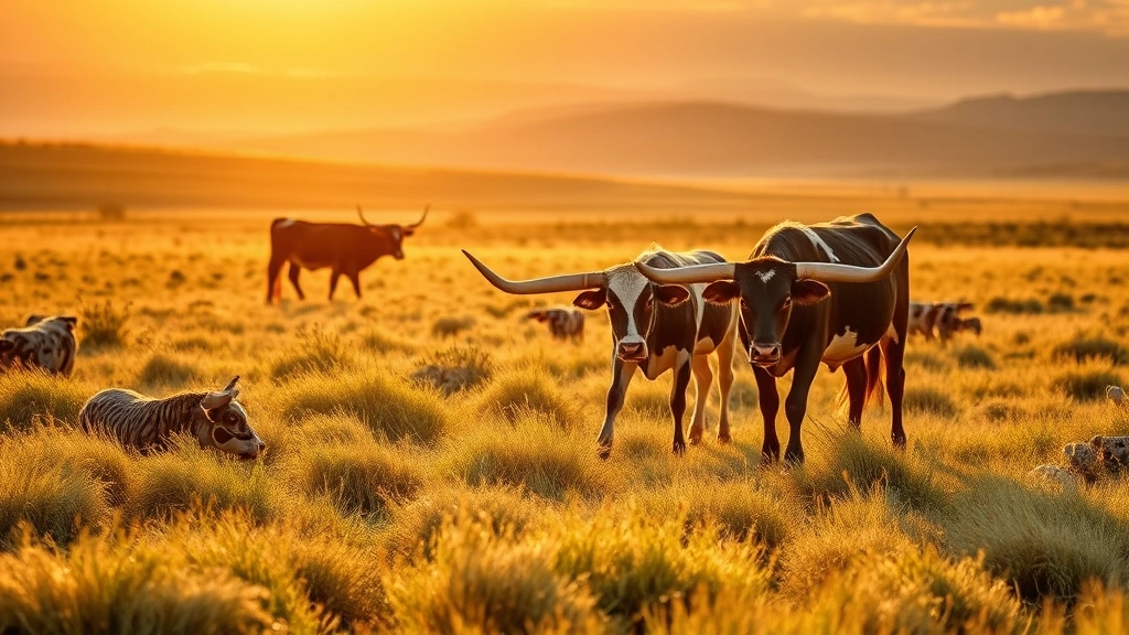 Scenic pasture landscape with Longhorn cattle grazing on diverse native grasses under golden afternoon light, representing the regenerative agriculture practices that enhance nutritional quality