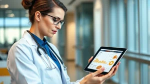 Professional dietitian in modern clinic examining colorful breakfast cereal box with nutrition label visible, holding digital tablet showing nutritional data charts