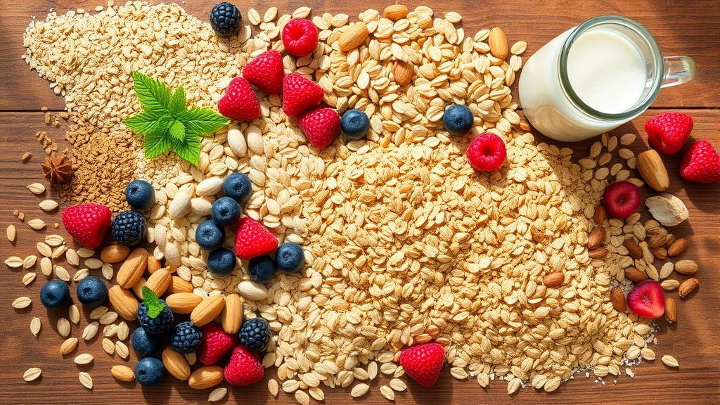Vibrant flat lay of various whole grain cereals, oats, fresh berries, nuts, seeds, and milk glass arranged artfully on wooden surface with natural sunlight