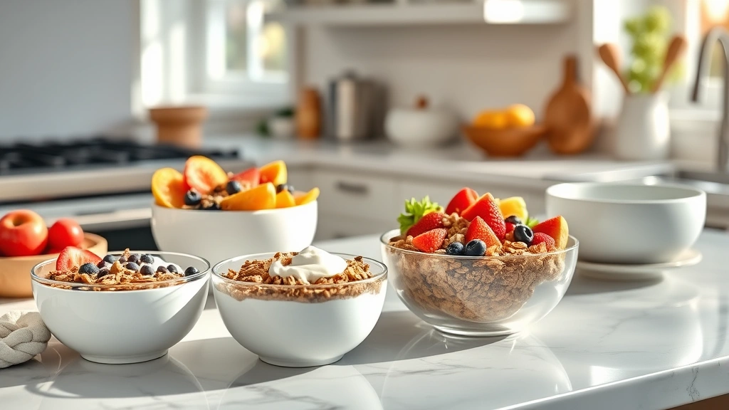 Contemporary kitchen counter display featuring healthy breakfast bowls with Greek yogurt, granola, fresh fruit, and whole grain options in morning light