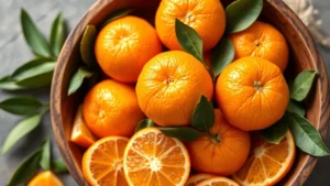 Fresh mandarin oranges in a wooden bowl with scattered segments and green leaves, natural lighting emphasizing vibrant orange color and texture, professional food photography style, no text visible