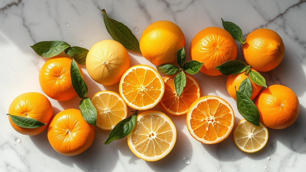 Diverse citrus fruits including mandarins, lemons, and oranges arranged on marble surface with water droplets, bright natural daylight, clean minimalist composition highlighting nutritional variety, no labels