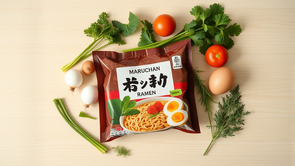 Overhead flat lay of Maruchan ramen package with fresh vegetables, eggs, and herbs arranged artistically on light wooden surface, natural daylight, minimalist composition
