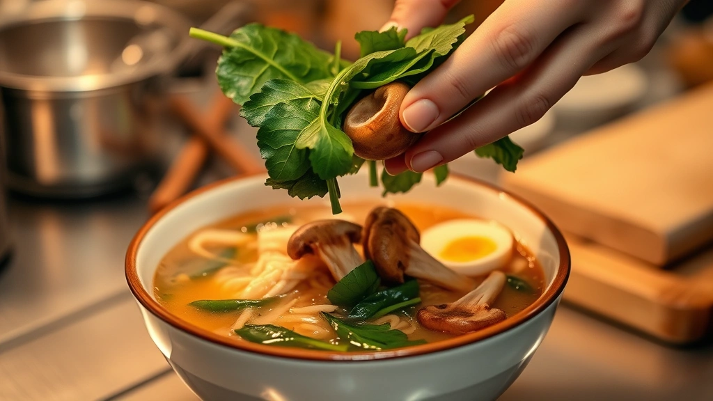 Hands adding fresh spinach and mushrooms into steaming bowl of ramen broth, close-up action shot, steam rising, warm kitchen lighting, showing meal preparation process