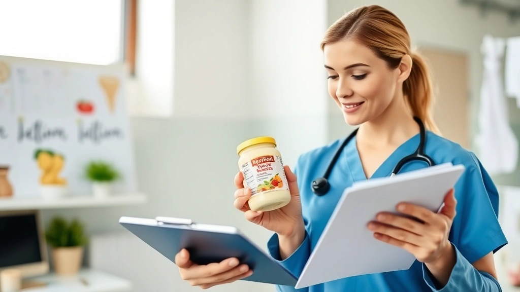 Professional dietitian in modern clinical setting examining nutrition label on mayonnaise jar, holding clipboard with dietary assessment notes, bright natural lighting, clinical background with blurred nutrition reference materials
