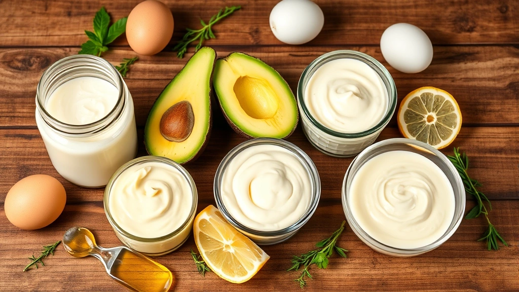 Close-up of various mayonnaise varieties arranged on wooden surface—traditional glass jar, avocado oil version, light mayo, olive oil mayo—with fresh ingredients like eggs, oil, lemon, herbs scattered artfully, professional food photography lighting