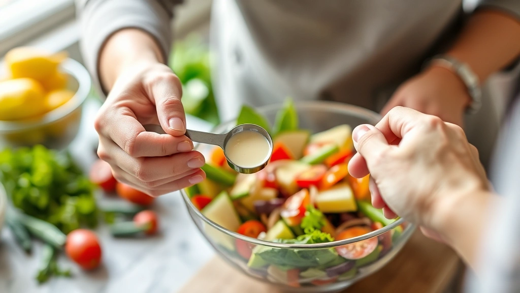 Person measuring mayonnaise portion with measuring spoon into salad bowl containing fresh vegetables, hands in focus, kitchen counter setting with blurred healthy ingredients in background, natural daylight illumination